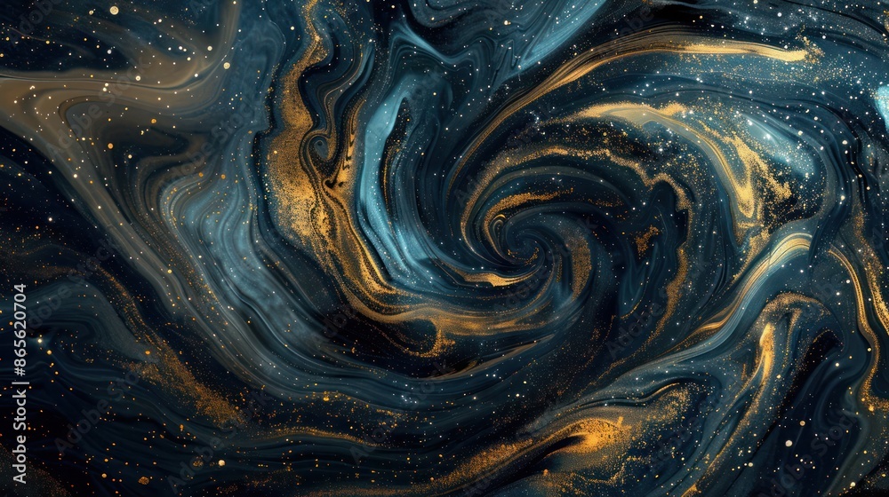 An abstract painting of swirling dark blue and gold particles, creating a dynamic and luxurious atmosphere. An abstract painting of swirling dark blue and gold particles, creating a dynamic and luxurious atmosphere.