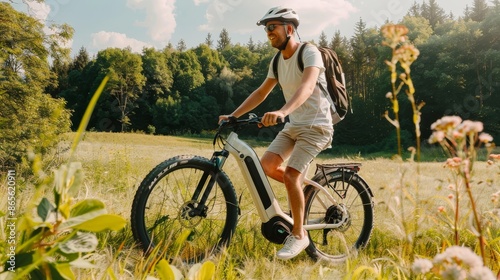 Man on high tech electric bike in nature with carbon fiber frame, stylish gear on sunny day photo