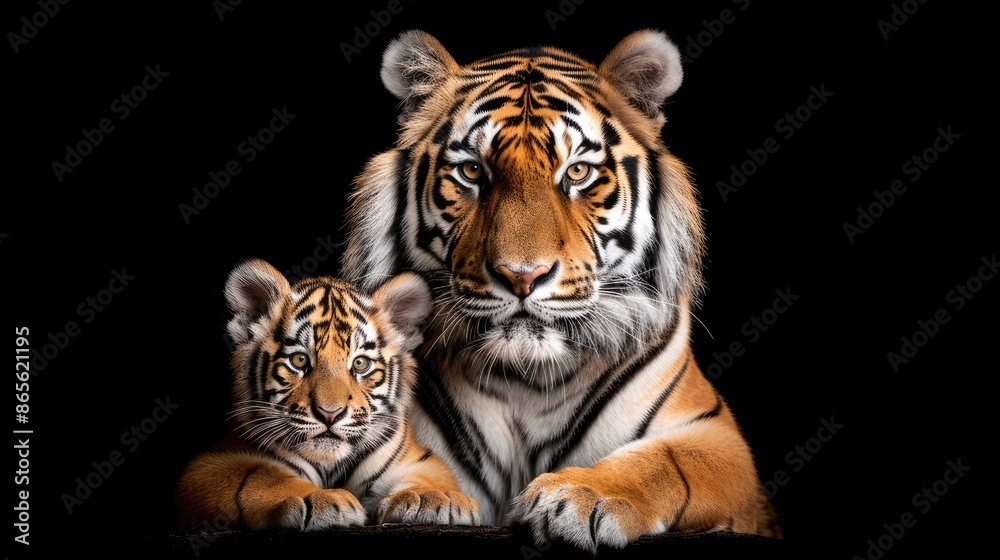 Obraz premium A tiger and its cub walk across a black studio background. The adult tiger has a fierce expression, while the cub looks more playful