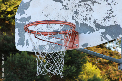 weathered basketball hoop up close