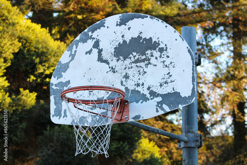 weathered basketball hoop up close