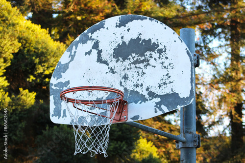 weathered basketball hoop up close