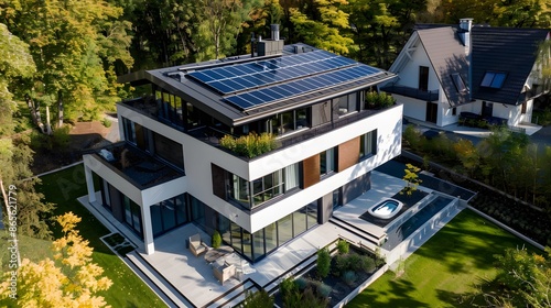 Wallpaper Mural Modern sustainable home with solar panels, surrounded by lush greenery.  Concept of green living, renewable energy, and luxury architecture Torontodigital.ca