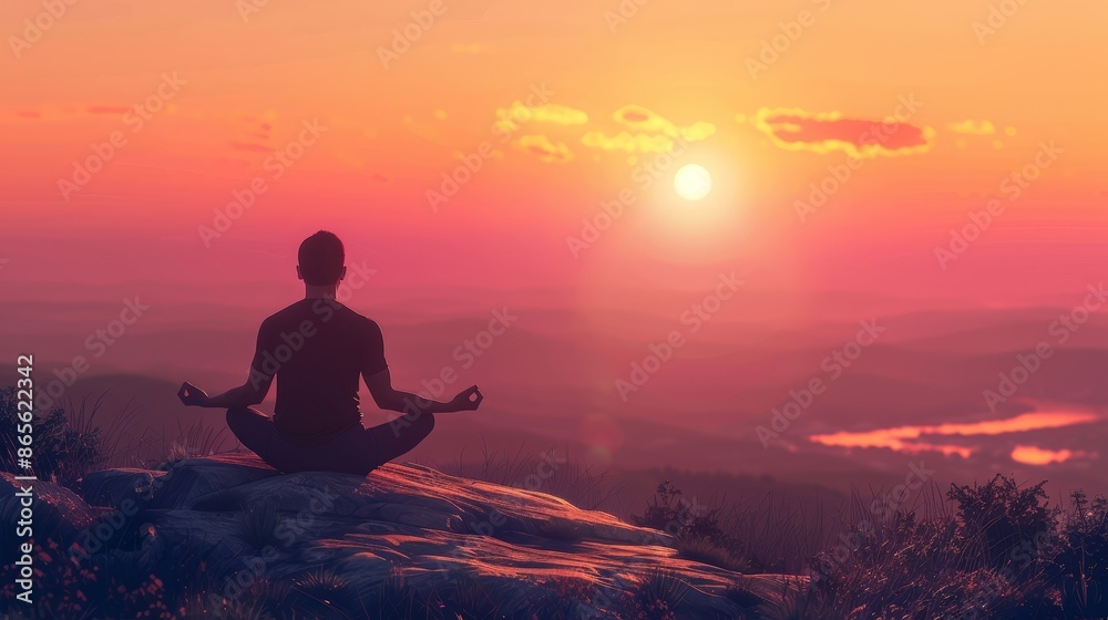 Man in tranquil yoga pose meditating at sunset for realistic mindfulness practice photo Man in tranquil yoga pose meditating at sunset for realistic mindfulness practice photo