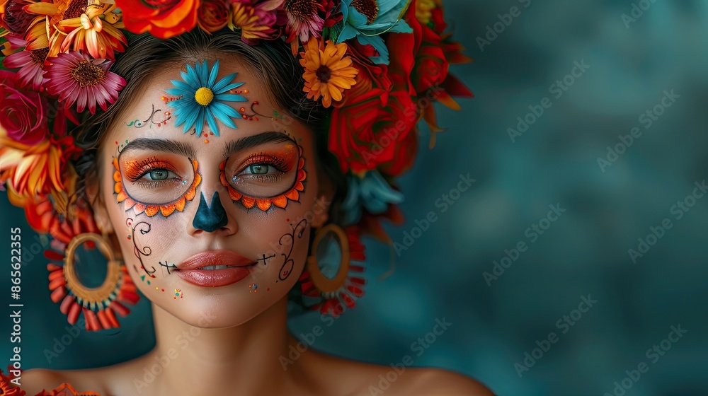 Woman with a face painted like a sugar skull wearing a colorful flower crown Woman with a face painted like a sugar skull wearing a colorful flower crown