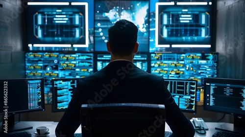 Cybersecurity professional monitoring global network security, data, system on multiple computer screens in a dark control room. Concept of big data analysis, IT, software engineering, programming