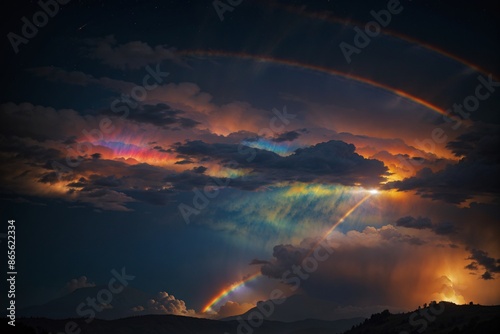 Gigantic fire rainbow, circumhorizontal arc stretching across sky, vivid spectrum of colors, amazed crowd pointing upward
