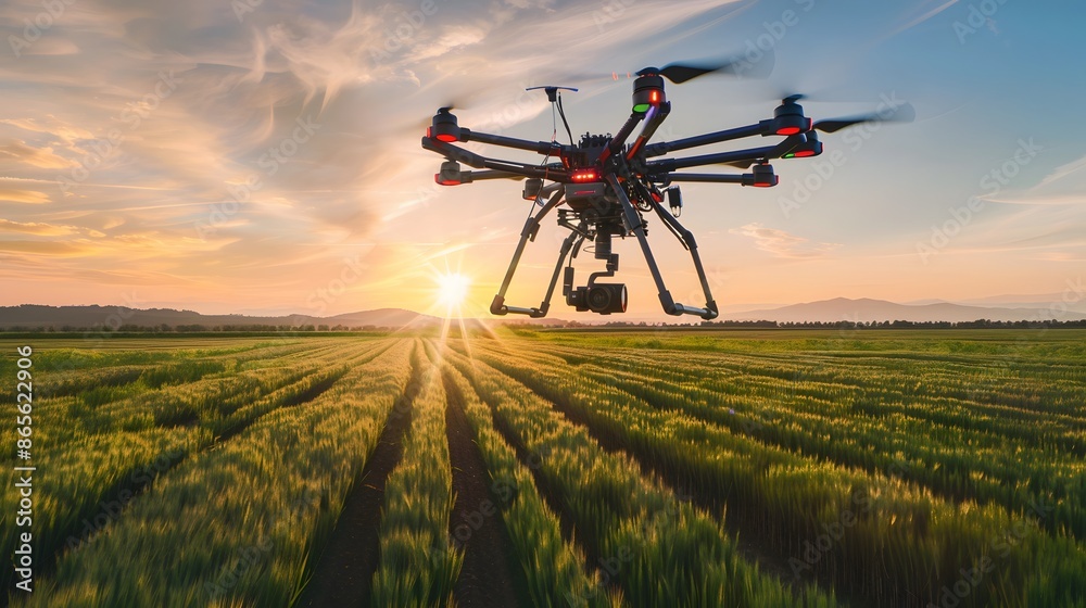 Drone flying over a field of crops at sunset. Concepts. agriculture, technology, farming, innovation Drone flying over a field of crops at sunset. Concepts. agriculture, technology, farming, innovation