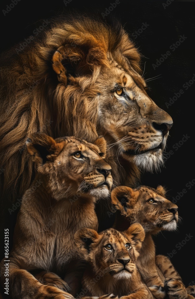 Fototapeta premium A majestic lion family, including the father and mother with their cubs, sitting together on an AI-generated African savannah&nbsp;at&nbsp;sunset