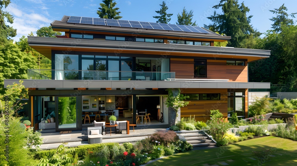 Modern sustainable home with solar panels, large windows, and lush green landscaping. Concepts. green living, eco-friendly design, luxury real estate