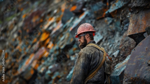 A worker wearing a hard hat and safety glasses stands in front of a large pile of ore, likely in a mine or quarry