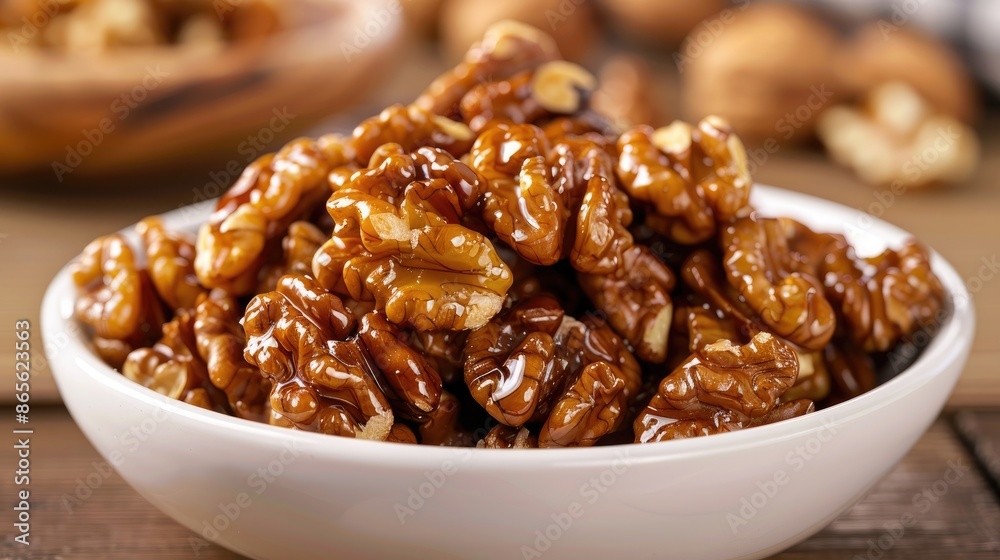 Tasty caramelized walnuts displayed on a white dish Tasty caramelized walnuts displayed on a white dish