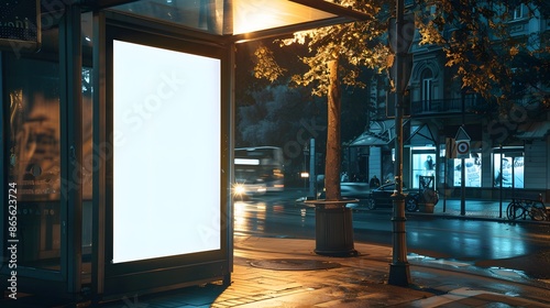 Blank billboard mockup at illuminated bus stop at night, showcasing advertising space for urban marketing campaign. Concept of OOH, commute, and city life