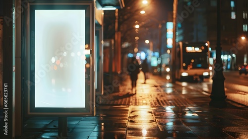 Wallpaper Mural Blank billboard mockup in a bus stop at night, with blurred city street background. Perfect for advertising and marketing campaigns. Torontodigital.ca