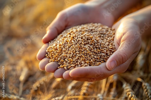 Hands hold a plentiful amount of wheat grains with blurred natural background, illustrating bounty © gearstd