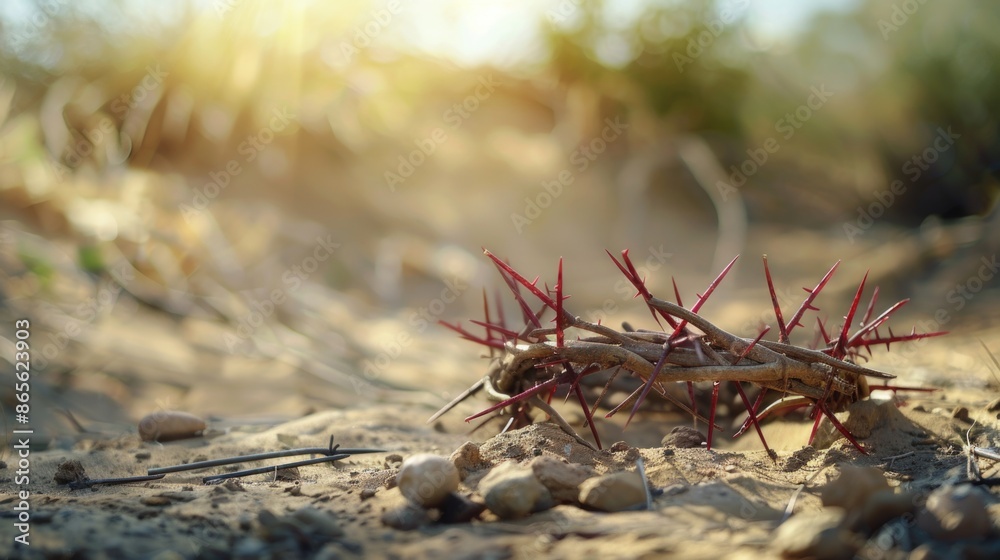 The cross, crown of thorns, red sunset symbolizing the sacrifice and suffering of Jesus Christ. Easter concept background depicting the cross, a desert landscape. The cross, crown of thorns, red sunset symbolizing the sacrifice and suffering of Jesus Christ. Easter concept background depicting the cross, a desert landscape.