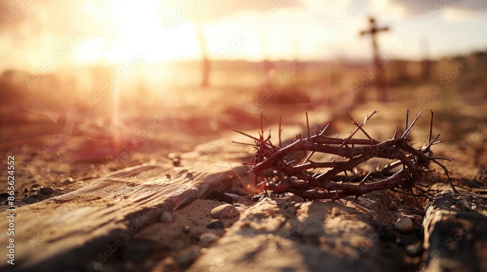 The cross, crown of thorns, red sunset symbolizing the sacrifice and suffering of Jesus Christ. Easter concept background depicting the cross, a desert landscape. The cross, crown of thorns, red sunset symbolizing the sacrifice and suffering of Jesus Christ. Easter concept background depicting the cross, a desert landscape.