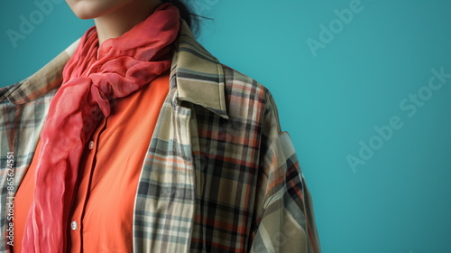 A close-up shot focusing on the detail of a plaid shirt worn over an orange button-down shirt. The shirt is accented with a loose red scarf