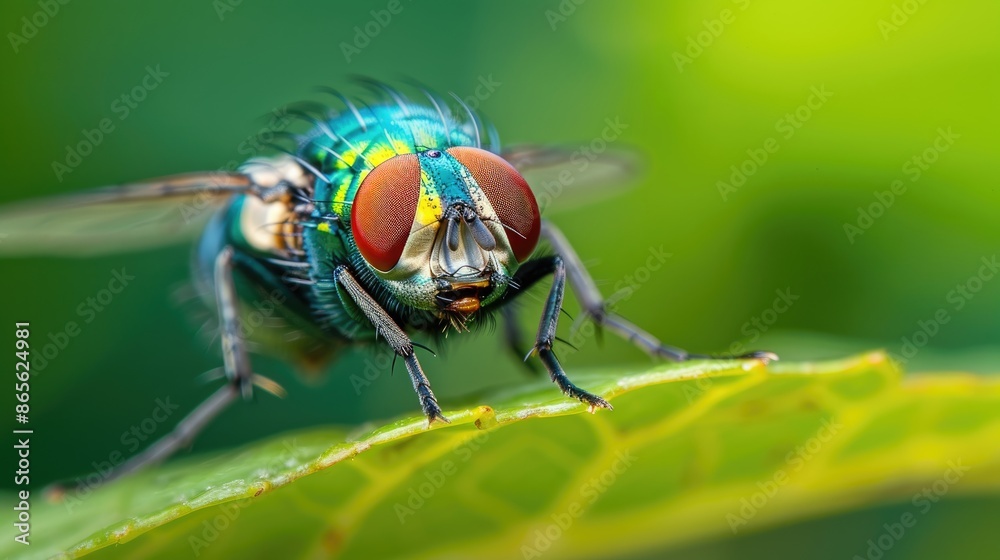 Macro shot of a Common Green Bottle Fly with red eyes on a leaf shallow depth of field emphasizing eyes Macro shot of a Common Green Bottle Fly with red eyes on a leaf shallow depth of field emphasizing eyes