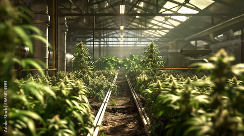 Large scale indoor cannabis farm, featuring rows of plants growing under artificial lighting in a greenhouse setting
