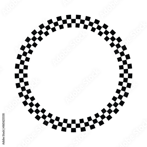 A circular frame with a black and white checkerboard pattern, resembling a chess border or race frame. Vector illustration on a white background.