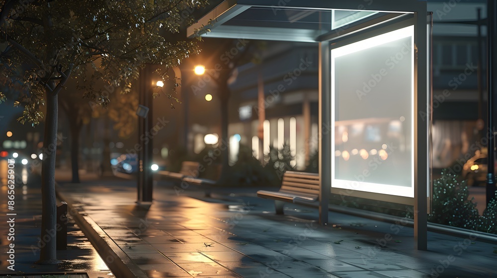 Empty, illuminated bus stop billboard mockup at night, wet street with reflections, urban background. Perfect for advertising and marketing campaigns Empty, illuminated bus stop billboard mockup at night, wet street with reflections, urban background. Perfect for advertising and marketing campaigns