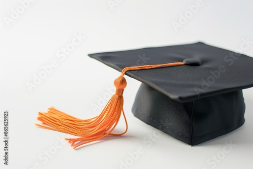 Close-up of a black graduation cap with an orange tassel, symbolizing education, achievement, and academic success.