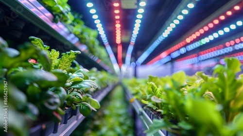 Vertical Farm with LED Grow Lights. Sustainable Agriculture and Indoor Farming Technology photo