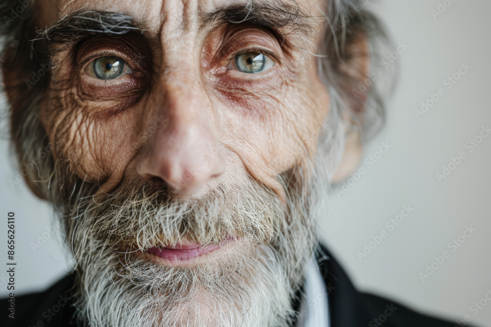 Close-up portrait of a senior man of European descent, studio photo, against a white studio backdrop Close-up portrait of a senior man of European descent, studio photo, against a white studio backdrop