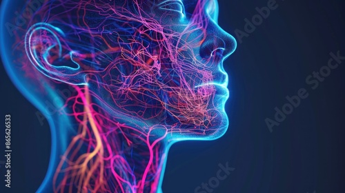 3D Rendering of Human Head Anatomy Showing Blood Vessels and Nerves. Concepts. Healthcare, Biology, Neurology, Science