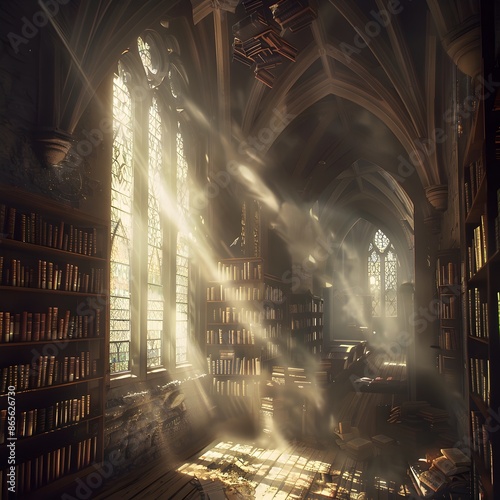 Majestic Sunbeams in Ancient Library Illuminate Wisdom and Knowledge
