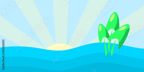 Landscape with water, sun and green leaves.
