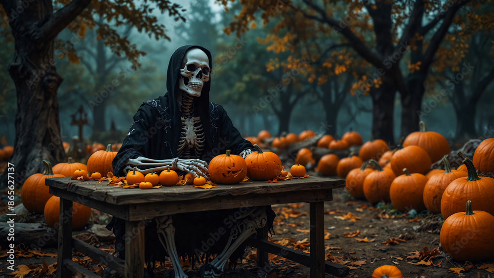 halloween pumpkin and witch