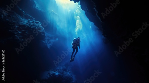 Diver underwater in the blue sea. Scuba diving in the depths of the sea