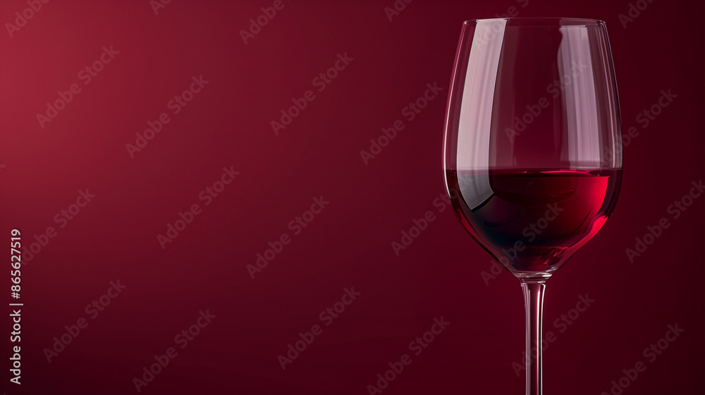 A wine glass filled with red wine symbolizing luxury and celebration, against a deep burgundy background, positioned on the right side with the left side empty. A wine glass filled with red wine symbolizing luxury and celebration, against a deep burgundy background, positioned on the right side with the left side empty.