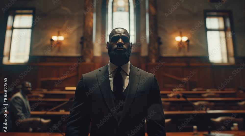 Serious man in a suit stands confidently in a courtroom setting with a focused expression Serious man in a suit stands confidently in a courtroom setting with a focused expression
