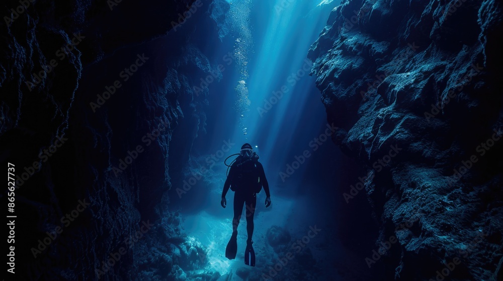 Diver underwater in the blue sea. Scuba diving in the depths of the sea Diver underwater in the blue sea. Scuba diving in the depths of the sea