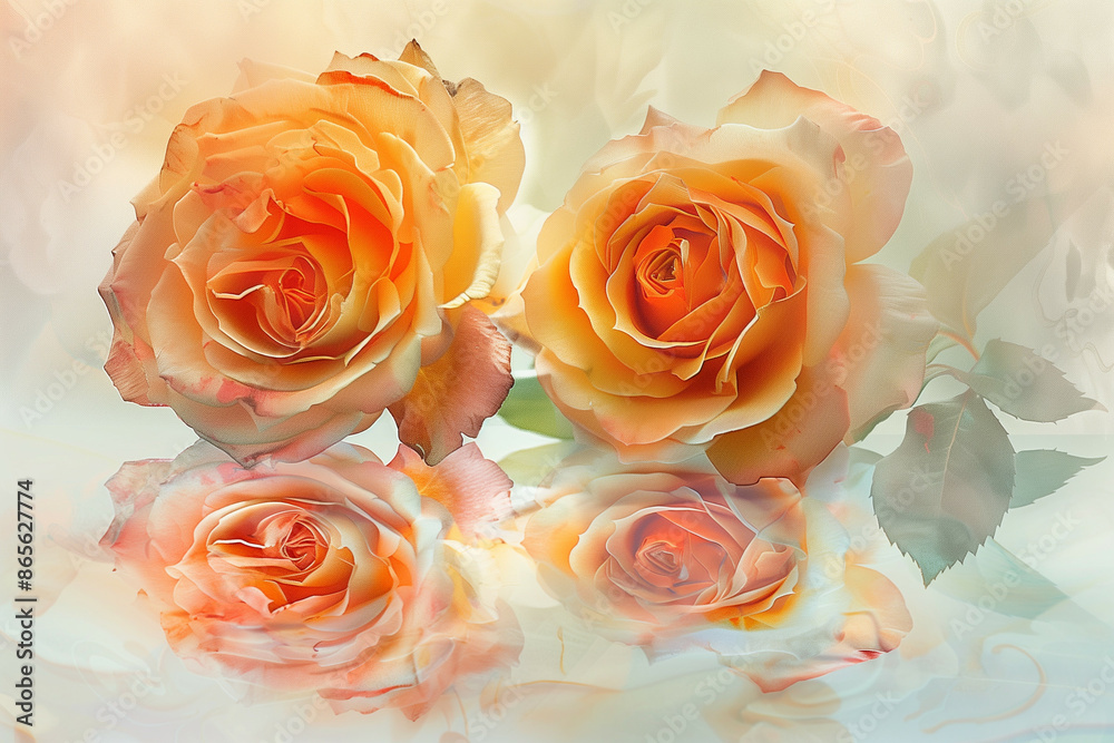 Elegant Orange Roses with Gentle Reflection in a Dreamy Floral Setting