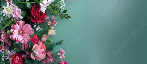 Mother's Day, birthday, and International Women's Day banner template with a bouquet of flowers on a green background and space for text.