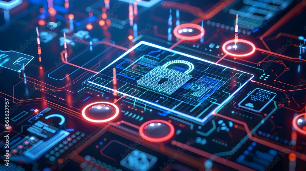 Digital padlock icon on a circuit board with data flow, representing cybersecurity, data protection, and network security. Digital padlock icon on a circuit board with data flow, representing cybersecurity, data protection, and network security.