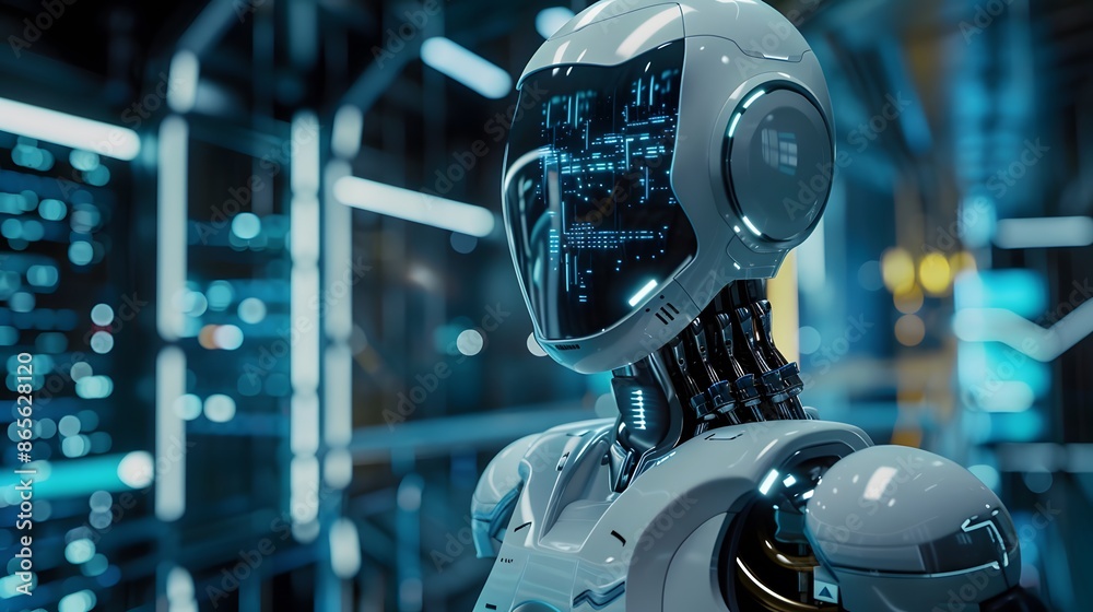 Futuristic Robot or AI with HUD in Server Room, Concept of Artificial Intelligence, Machine Learning, and the Future of Technology Futuristic Robot or AI with HUD in Server Room, Concept of Artificial Intelligence, Machine Learning, and the Future of Technology