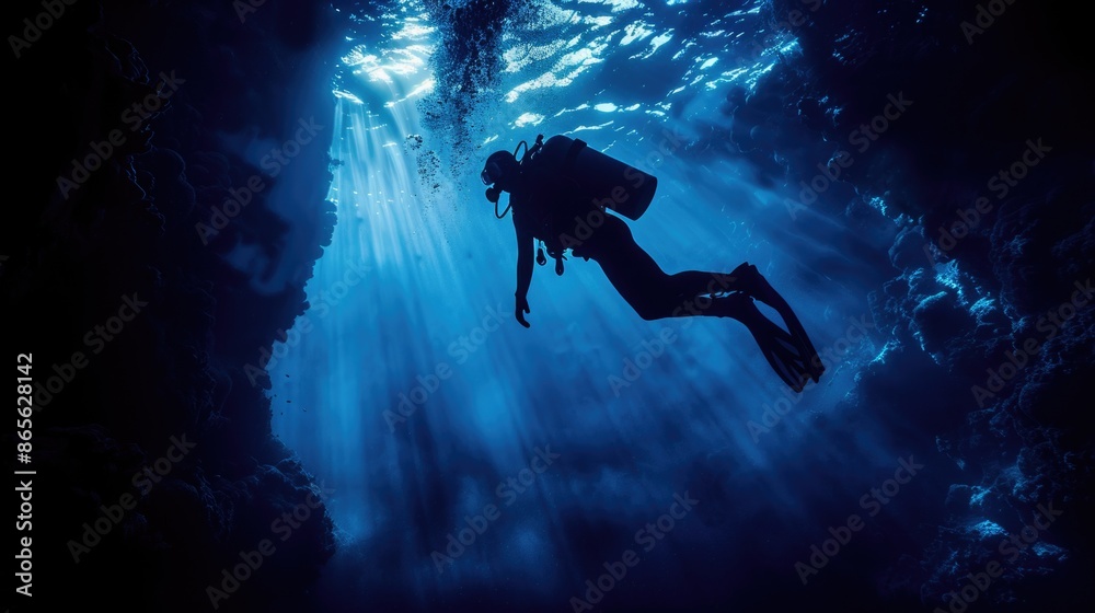 Diver underwater in the blue sea. Scuba diving in the depths of the sea Diver underwater in the blue sea. Scuba diving in the depths of the sea