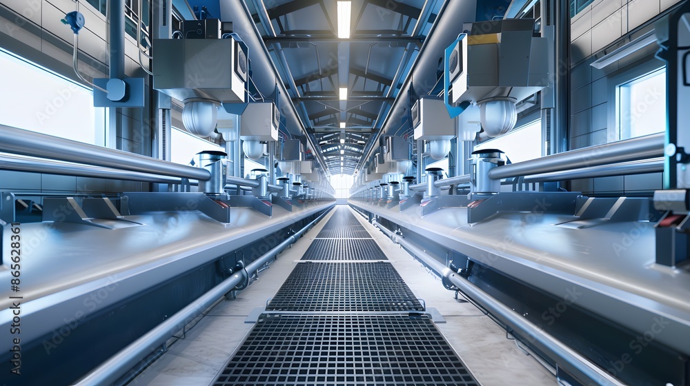 Obraz premium Modern Industrial Interior of a Clean Factory Production Line with Monitoring Systems