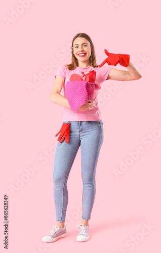 Smiling woman in pink t-shi...