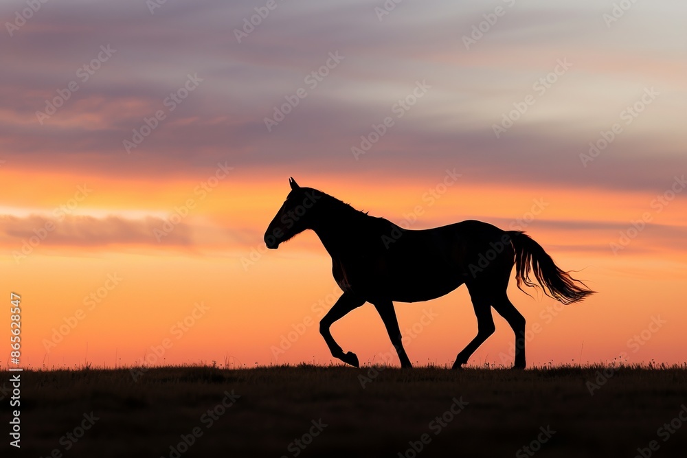 Silhouette of a running horse against a beautiful sunset sky, showcasing nature's beauty and the grace of the animal. Silhouette of a running horse against a beautiful sunset sky, showcasing nature's beauty and the grace of the animal.