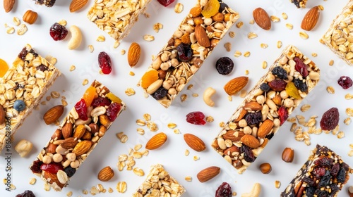 Granola bars with nuts and dried fruits on a white background, top view. Healthy snack concept