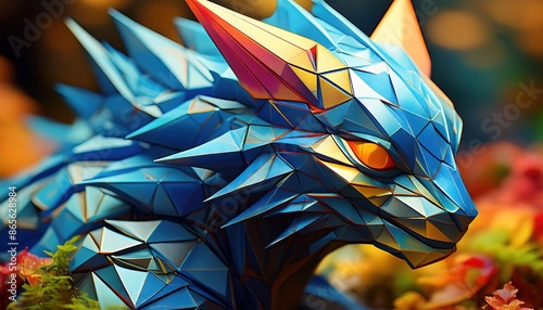 Intricately designed polygonal dragon in a bright, imaginative fantasy world. photo