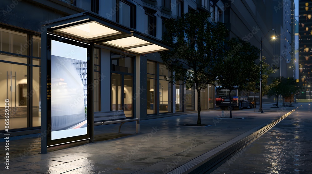 Modern bus stop with blank billboard at night. Empty bus shelter with glowing vertical advertisement banner on city street. Mockup for advertising, marketing, and promotion