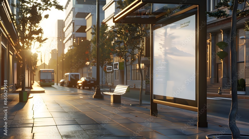 Obraz premium Blank billboard mockup at bus stop in a modern city street at sunrise. Empty advertisement banner template in urban environment, for marketing and advertising concept.