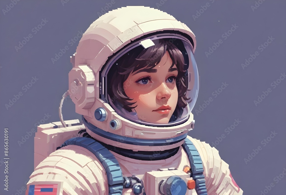 Cute young female astronaute looking at the distance in the sky, glimsping, beautiful night sky behind with planets and stars, pixelart comic